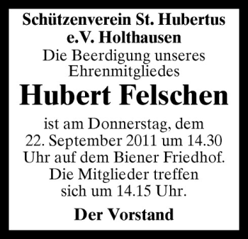Traueranzeige von Hubert Felschen von Neue Osnabrücker Zeitung GmbH & Co. KG