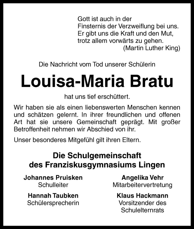  Traueranzeige für Louisa-Maria Bratu vom 22.09.2011 aus Neue Osnabrücker Zeitung GmbH & Co. KG