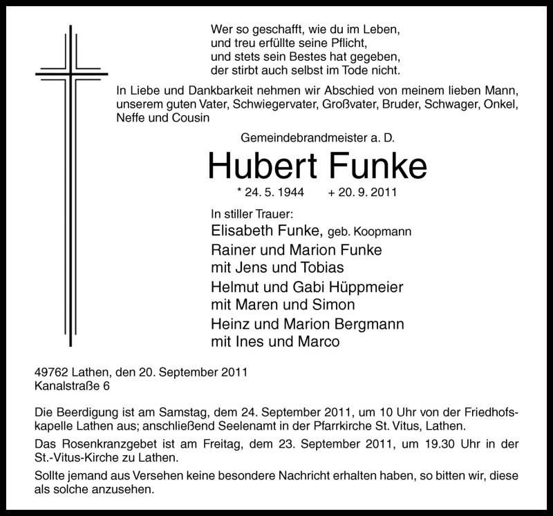  Traueranzeige für Hubert Funke vom 22.09.2011 aus Neue Osnabrücker Zeitung GmbH & Co. KG