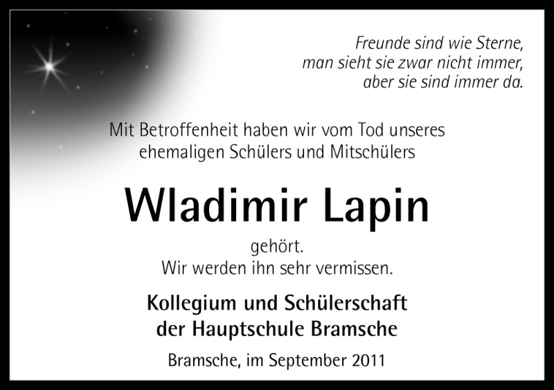  Traueranzeige für Wladimir Lapin vom 22.09.2011 aus Neue Osnabrücker Zeitung GmbH & Co. KG
