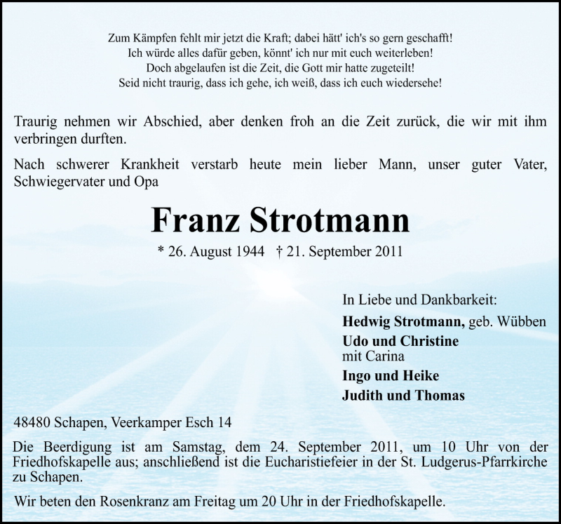  Traueranzeige für Franz Strotmann vom 23.09.2011 aus Neue Osnabrücker Zeitung GmbH & Co. KG