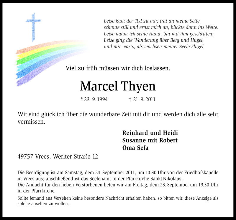  Traueranzeige für Marcel Thyen vom 23.09.2011 aus Neue Osnabrücker Zeitung GmbH & Co. KG