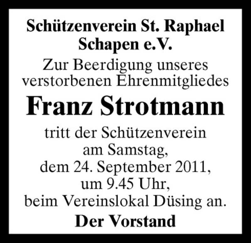  Traueranzeige für Franz Strotmann vom 23.09.2011 aus Neue Osnabrücker Zeitung GmbH & Co. KG