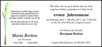 Traueranzeige von Maria Borken von Neue Osnabrücker Zeitung GmbH & Co. KG