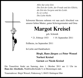 Traueranzeige von Margot Kreisel von Neue Osnabrücker Zeitung GmbH & Co. KG