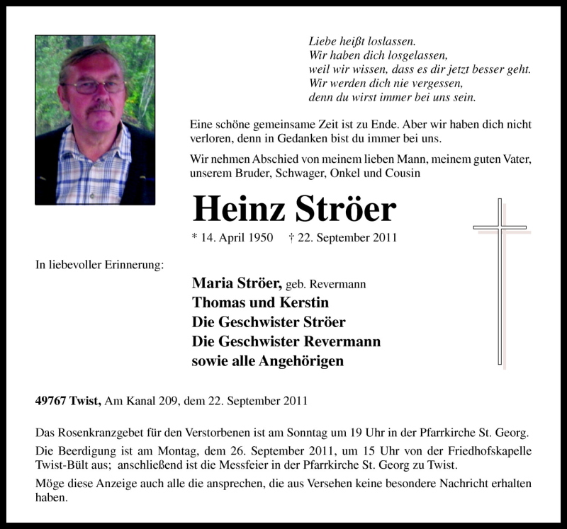  Traueranzeige für Heinz Ströer vom 24.09.2011 aus Neue Osnabrücker Zeitung GmbH & Co. KG