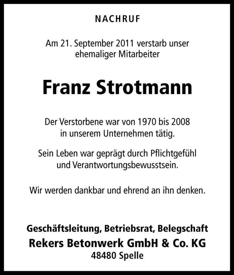  Traueranzeige für Franz Strotmann vom 26.09.2011 aus Neue Osnabrücker Zeitung GmbH & Co. KG