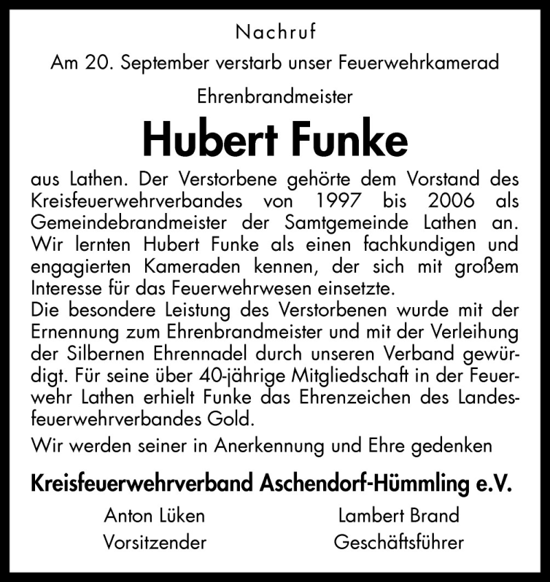  Traueranzeige für Hubert Funke vom 24.09.2011 aus Neue Osnabrücker Zeitung GmbH & Co. KG