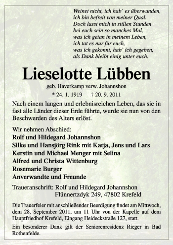 Traueranzeige von Lieselotte Lübben von Neue Osnabrücker Zeitung GmbH & Co. KG