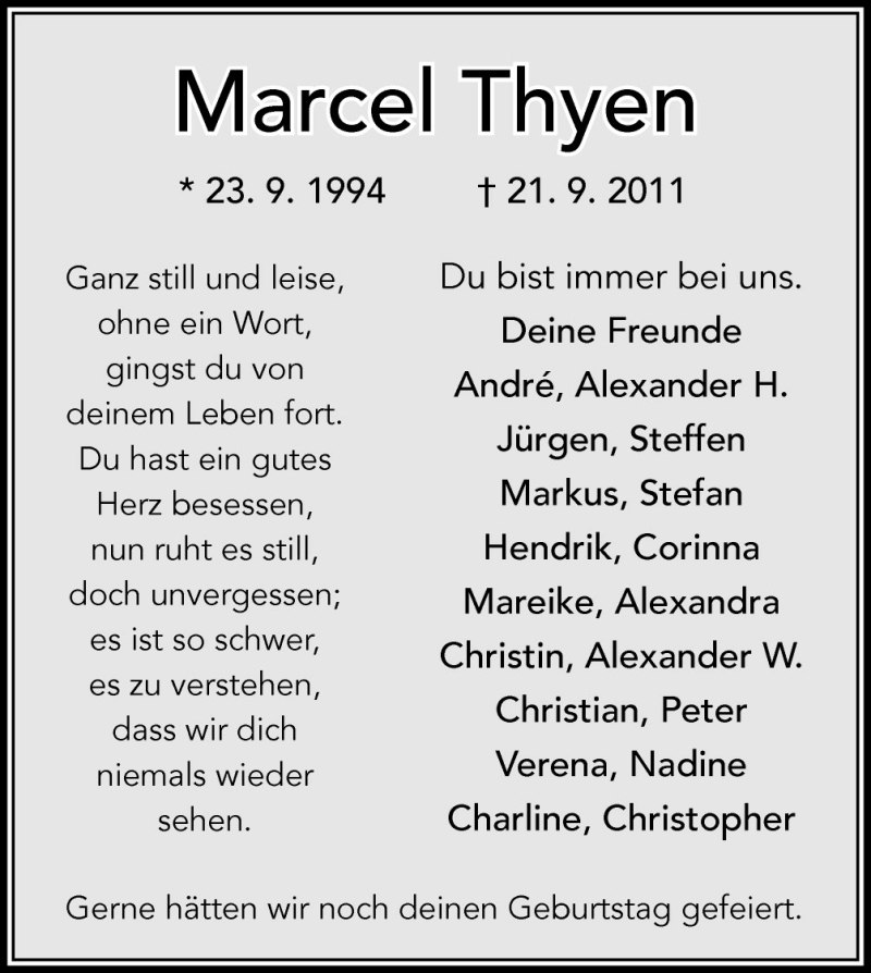  Traueranzeige für Marcel Thyen vom 26.09.2011 aus Neue Osnabrücker Zeitung GmbH & Co. KG