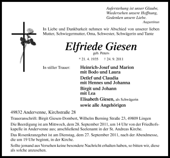 Traueranzeige von Elfriede Giesen von Neue Osnabrücker Zeitung GmbH & Co. KG