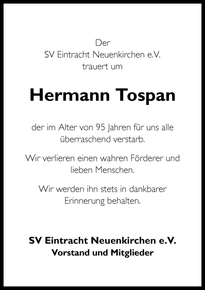  Traueranzeige für Hermann Tospan vom 28.09.2011 aus Neue Osnabrücker Zeitung GmbH & Co. KG