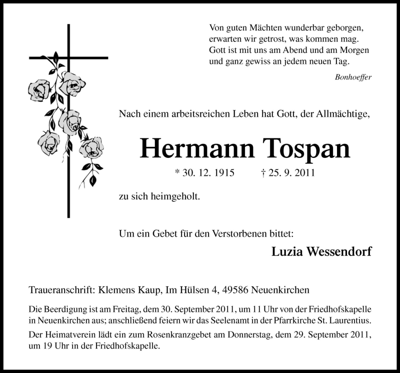  Traueranzeige für Hermann Tospan vom 27.09.2011 aus Neue Osnabrücker Zeitung GmbH & Co. KG