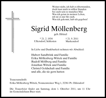 Traueranzeige von Sigrid Möllenberg von Neue Osnabrücker Zeitung GmbH & Co. KG