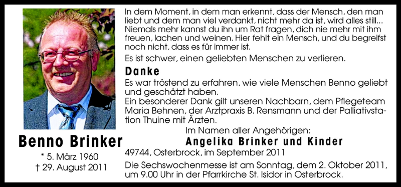  Traueranzeige für Benno Brinker vom 28.09.2011 aus Neue Osnabrücker Zeitung GmbH & Co. KG