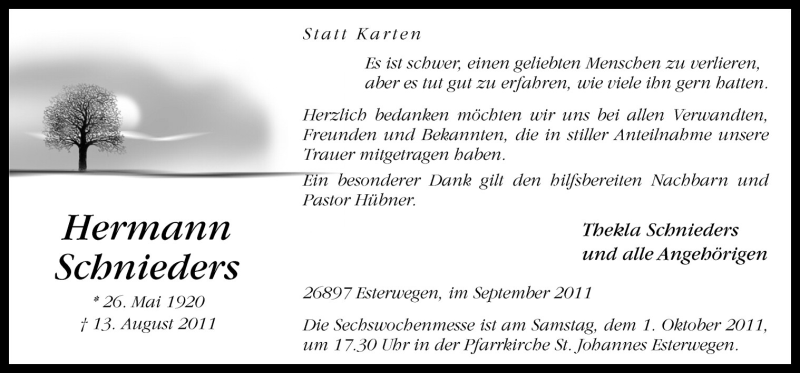  Traueranzeige für Hermann Schnieders vom 29.09.2011 aus Neue Osnabrücker Zeitung GmbH & Co. KG