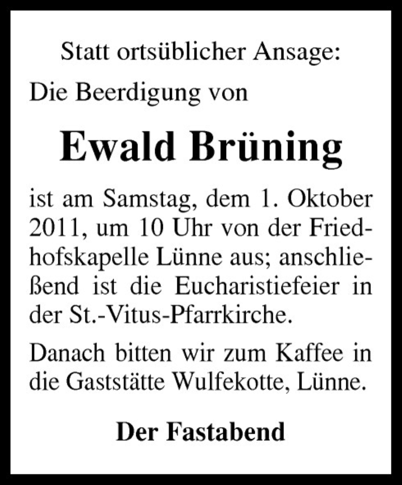  Traueranzeige für Ewald Brüning vom 29.09.2011 aus Neue Osnabrücker Zeitung GmbH & Co. KG