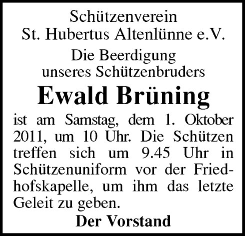  Traueranzeige für Ewald Brüning vom 29.09.2011 aus Neue Osnabrücker Zeitung GmbH & Co. KG