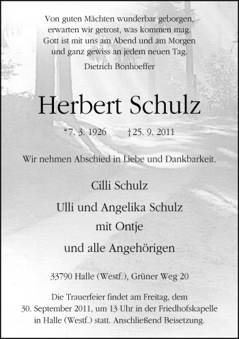 Traueranzeige von Herbert Schulz von Neue Osnabrücker Zeitung GmbH & Co. KG