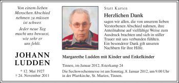 Traueranzeige von Johann Ludden von Neue Osnabrücker Zeitung