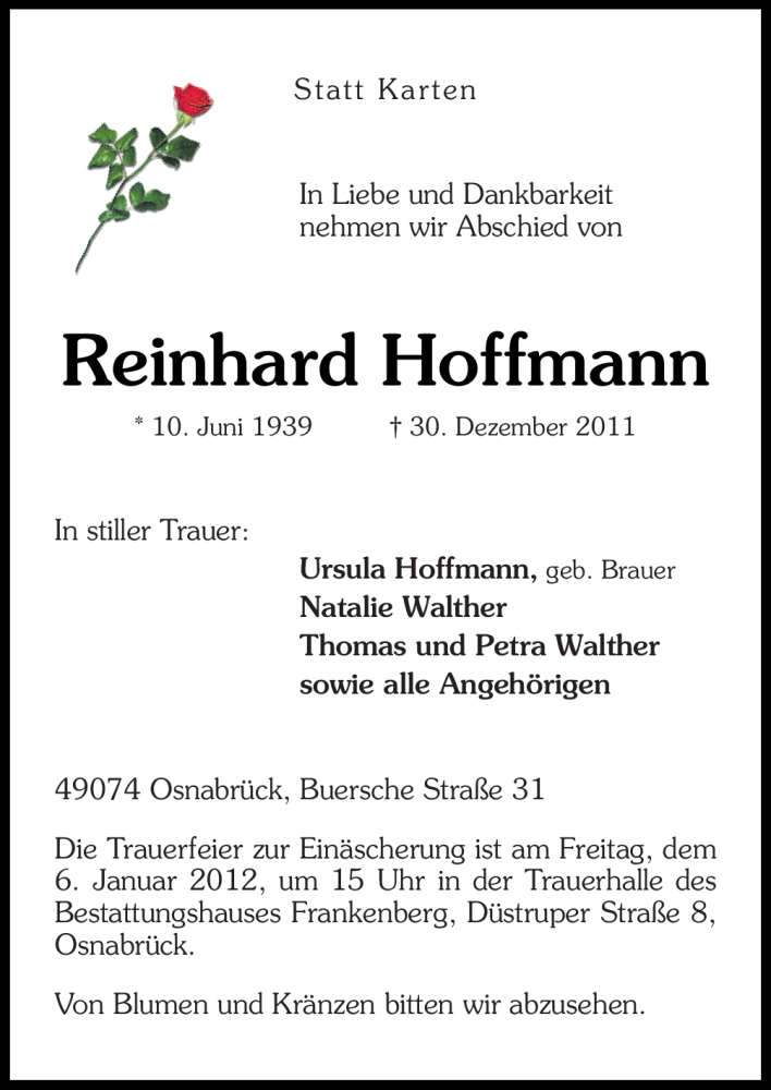  Traueranzeige für Reinhard Hoffmann vom 02.01.2012 aus Neue Osnabrücker Zeitung