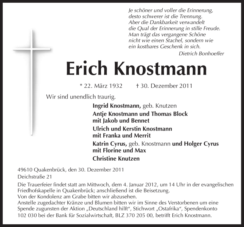  Traueranzeige für Erich Knostmann vom 02.01.2012 aus Neue Osnabrücker Zeitung
