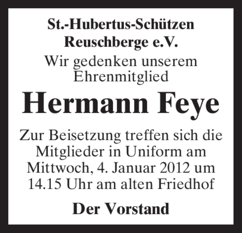  Traueranzeige für Hermann Feye vom 03.01.2012 aus Neue Osnabrücker Zeitung