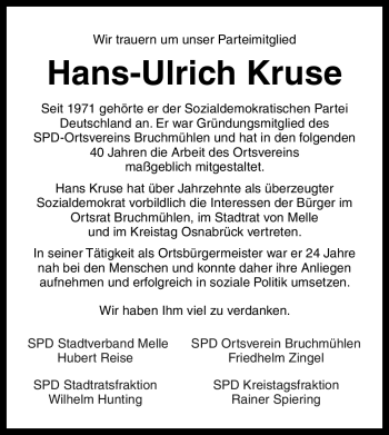 Traueranzeige von Hans-Ulrich Kruse von Neue Osnabrücker Zeitung