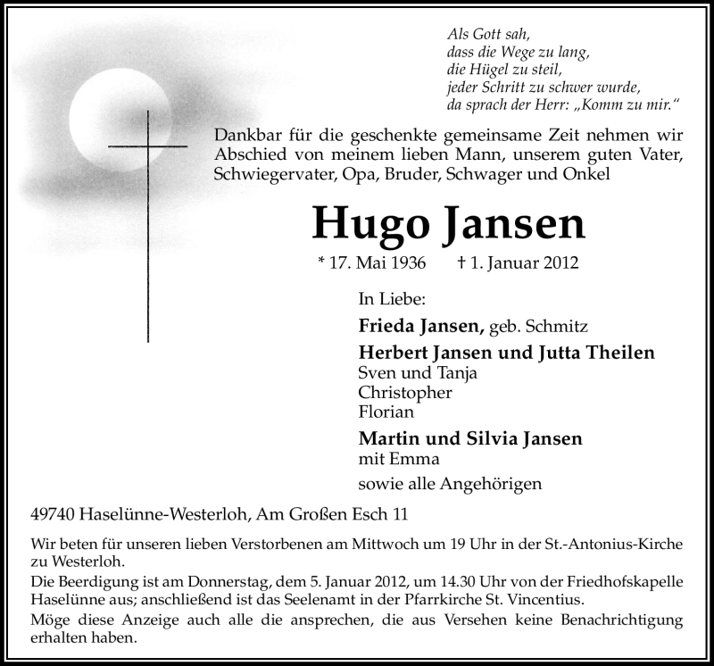  Traueranzeige für Hugo Jansen vom 03.01.2012 aus Neue Osnabrücker Zeitung