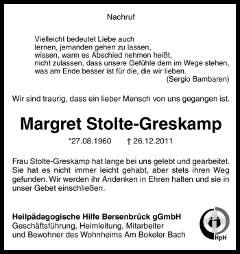 Traueranzeige von Margret Stolte-Greskamp von Neue Osnabrücker Zeitung