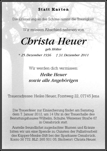 Traueranzeige von Christa Heuer von Neue Osnabrücker Zeitung