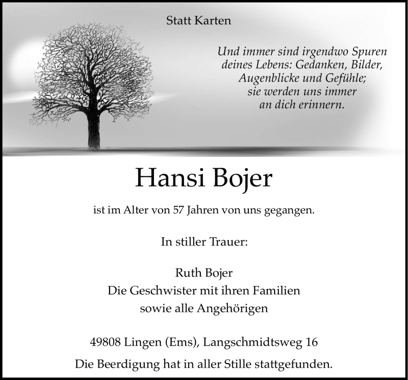  Traueranzeige für Hansi Bojer vom 04.01.2012 aus Neue Osnabrücker Zeitung