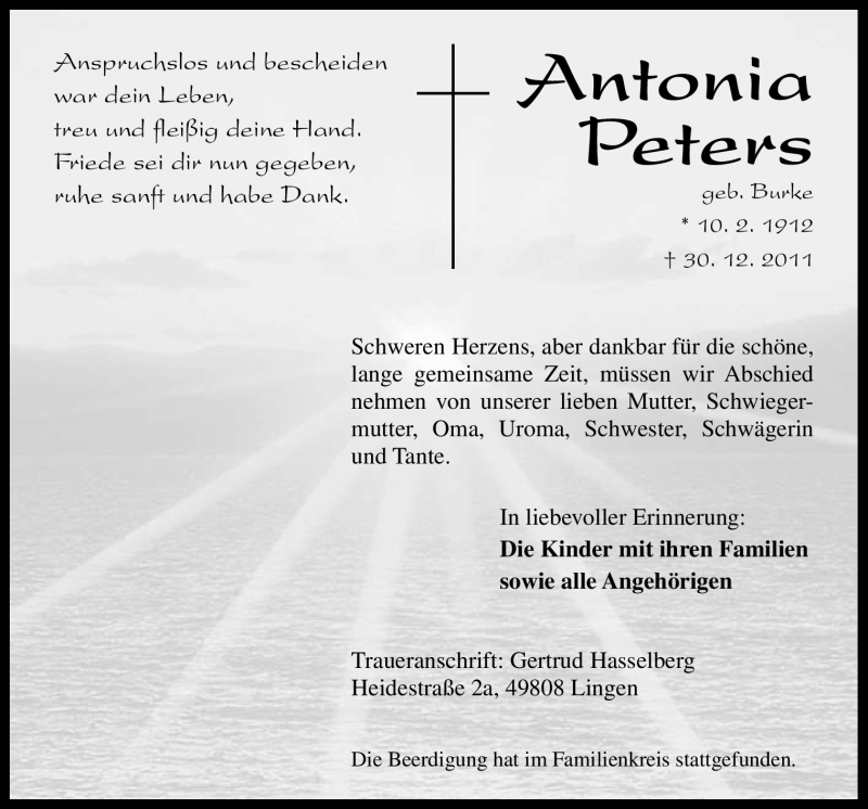  Traueranzeige für Antonia Peters vom 04.01.2012 aus Neue Osnabrücker Zeitung