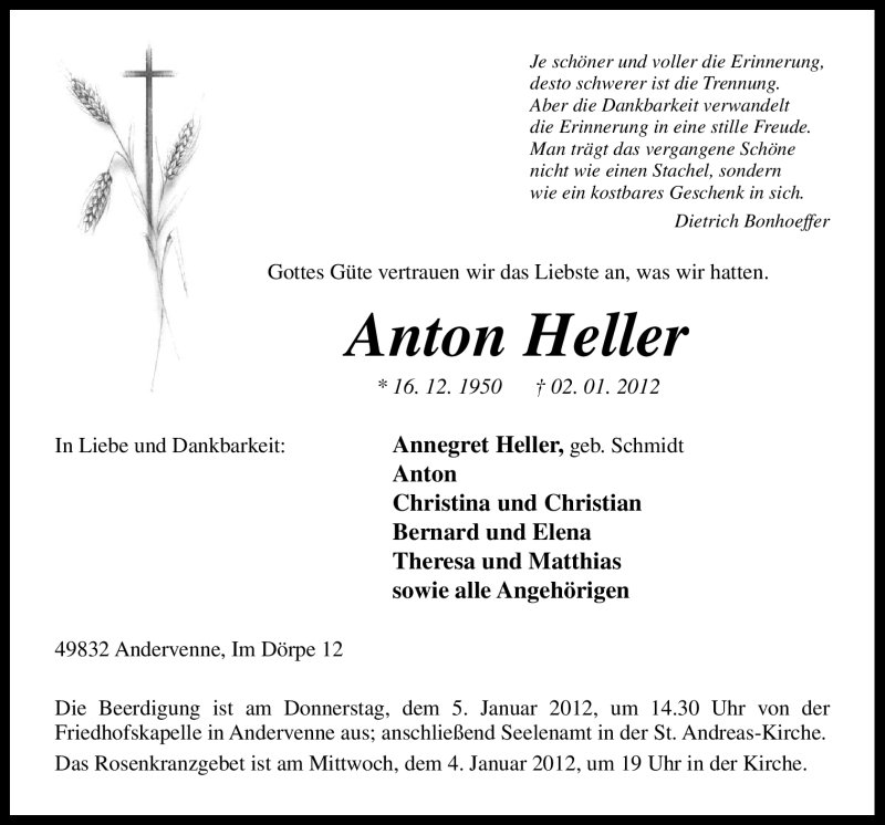  Traueranzeige für Anton Heller vom 04.01.2012 aus Neue Osnabrücker Zeitung