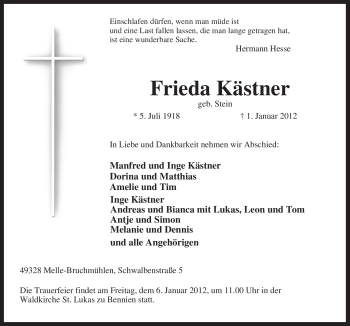 Traueranzeige von Frieda Kästner von Neue Osnabrücker Zeitung