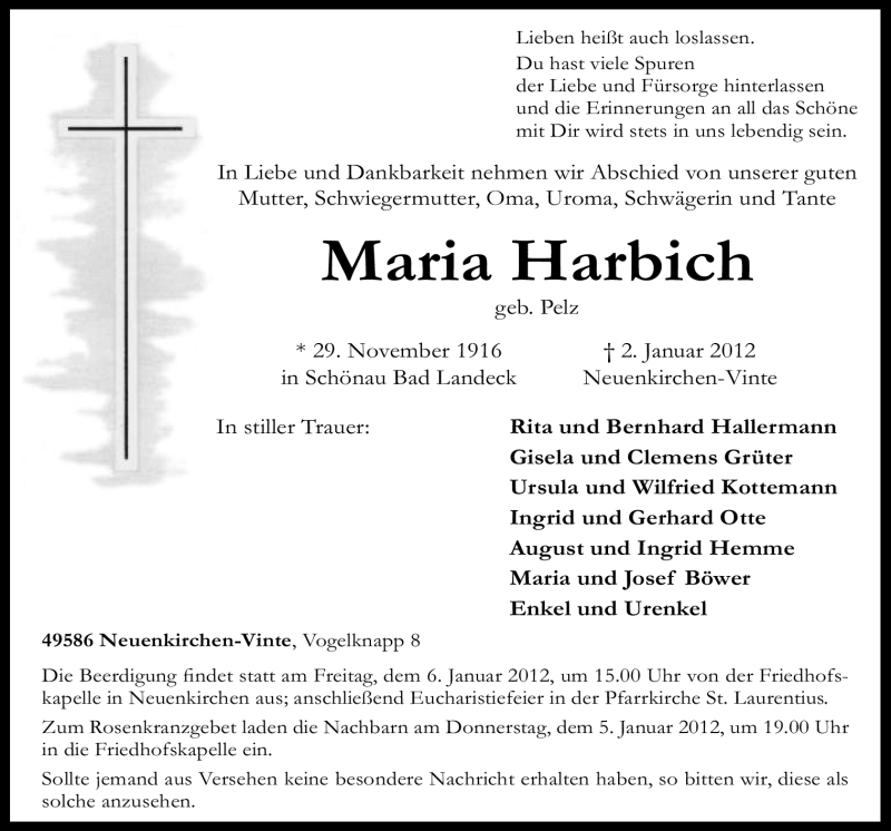  Traueranzeige für Maria Harbich vom 04.01.2012 aus Neue Osnabrücker Zeitung