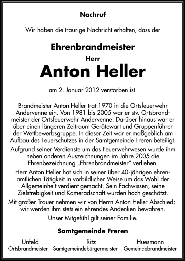  Traueranzeige für Anton Heller vom 05.01.2012 aus Neue Osnabrücker Zeitung