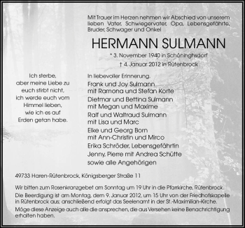 Traueranzeige von Hermann Sulmann von Neue Osnabrücker Zeitung