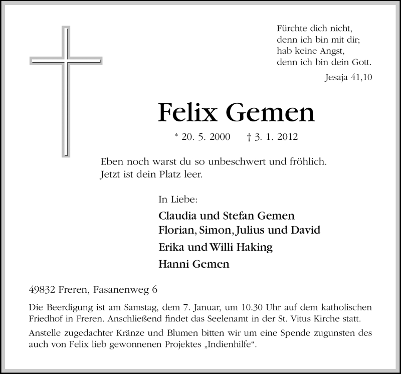  Traueranzeige für Felix Gemen vom 05.01.2012 aus Neue Osnabrücker Zeitung