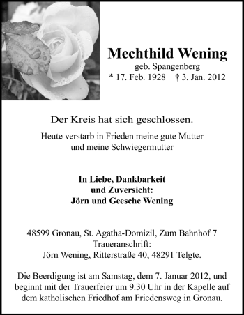 Traueranzeige von Mechthild Wening von Neue Osnabrücker Zeitung