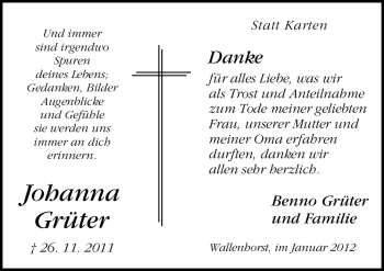 Traueranzeige von Johanna Grüter von Neue Osnabrücker Zeitung