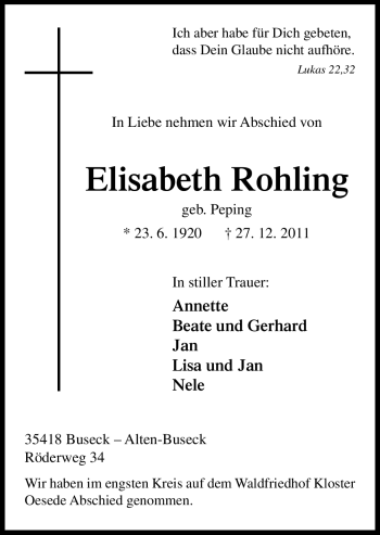 Traueranzeige von Elisabeth Rohling von Neue Osnabrücker Zeitung