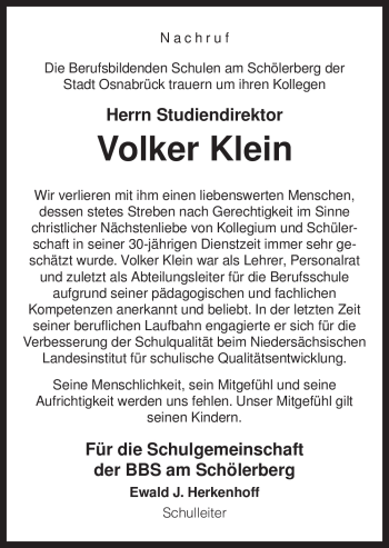 Traueranzeige von Volker Klein von Neue Osnabrücker Zeitung