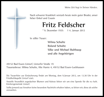 Traueranzeige von Fritz Feldscher von Neue Osnabrücker Zeitung