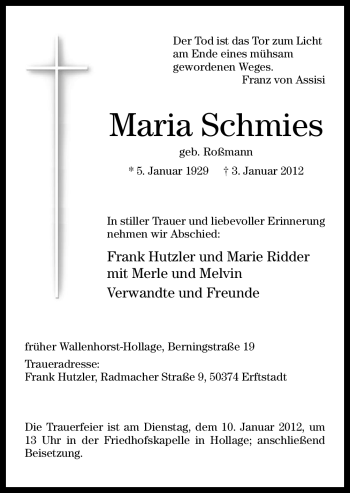 Traueranzeige von Maria Schmies von Neue Osnabrücker Zeitung