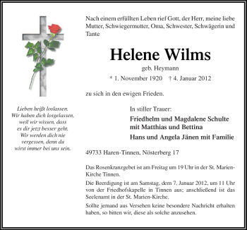 Traueranzeige von Helene Wilms von Neue Osnabrücker Zeitung