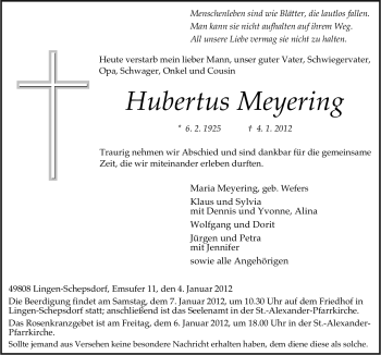 Traueranzeige von Hubertus Meyering von Neue Osnabrücker Zeitung