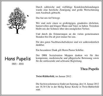 Traueranzeige von Hans Pupelis von Neue Osnabrücker Zeitung