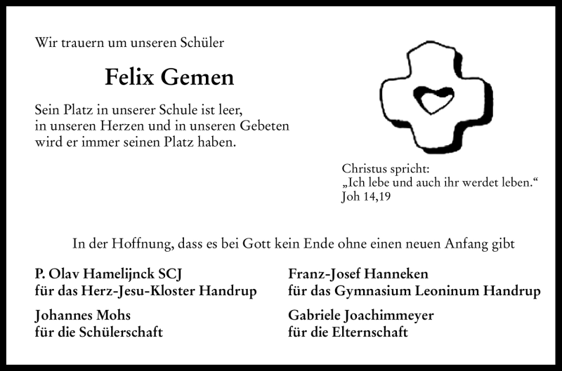  Traueranzeige für Felix Gemen vom 07.01.2012 aus Neue Osnabrücker Zeitung