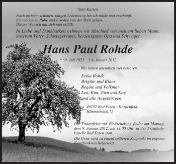 Traueranzeige von Hans Paul Rohde von Neue Osnabrücker Zeitung